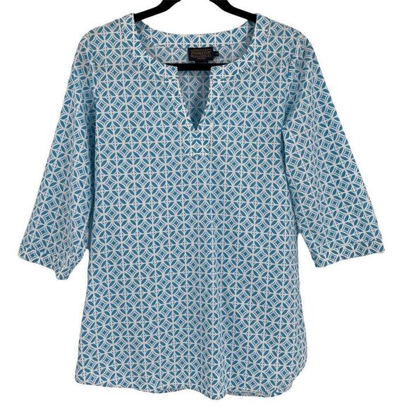 Pendleton 100% Cotton Split Neck 3/4 Length Sleeve Blouse Blue White Women Small - Picture 1 of 9